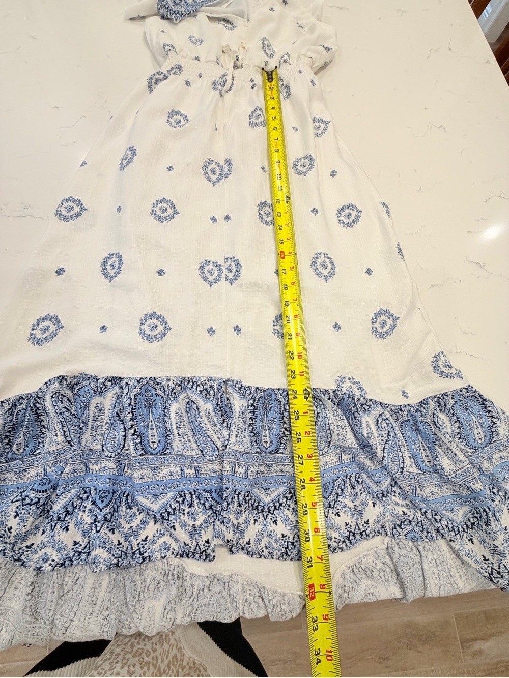 White & Blue Printed Midi Dress with Tie Waist - Picture 8 of 11